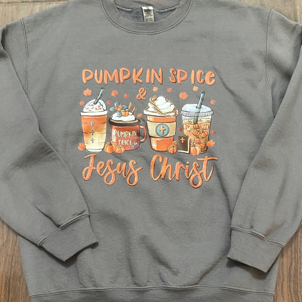 Gray Pumpkin Spice & Jesus Christ Crewneck Sweatshirt
